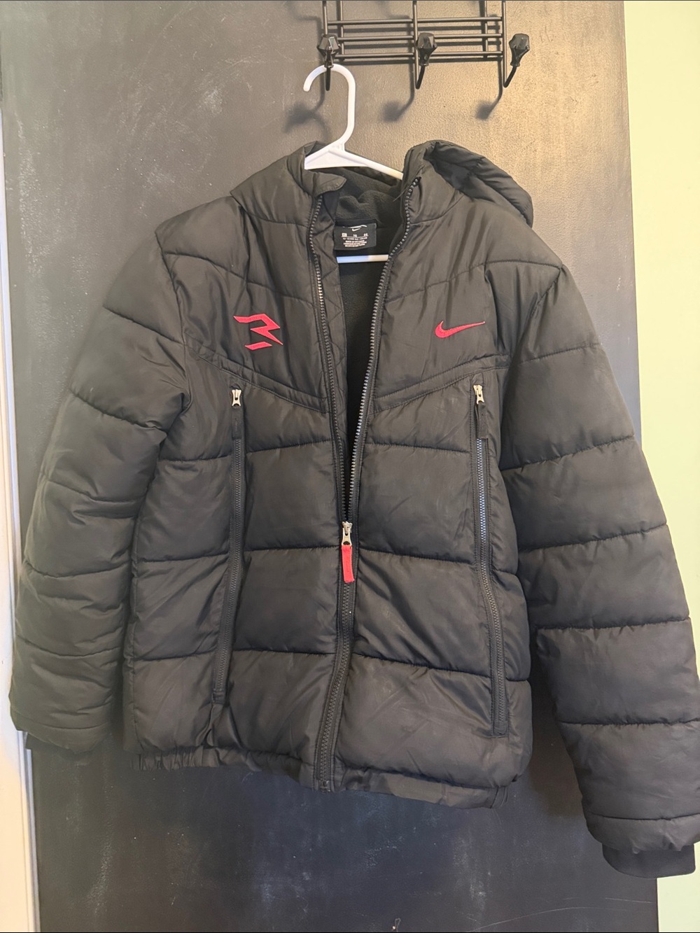 Nike 3BRAND Russell Wilson Puffer Jacket Youth XL Black Red (Fits Women S)